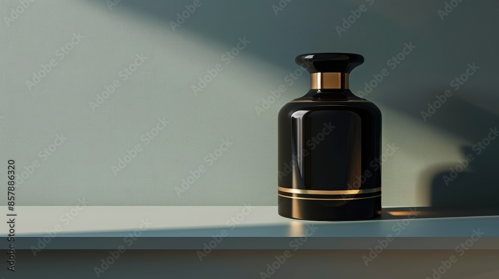 Elegant Black and Gold Bottle on Shelf Elegant Black and Gold Bottle on Shelf