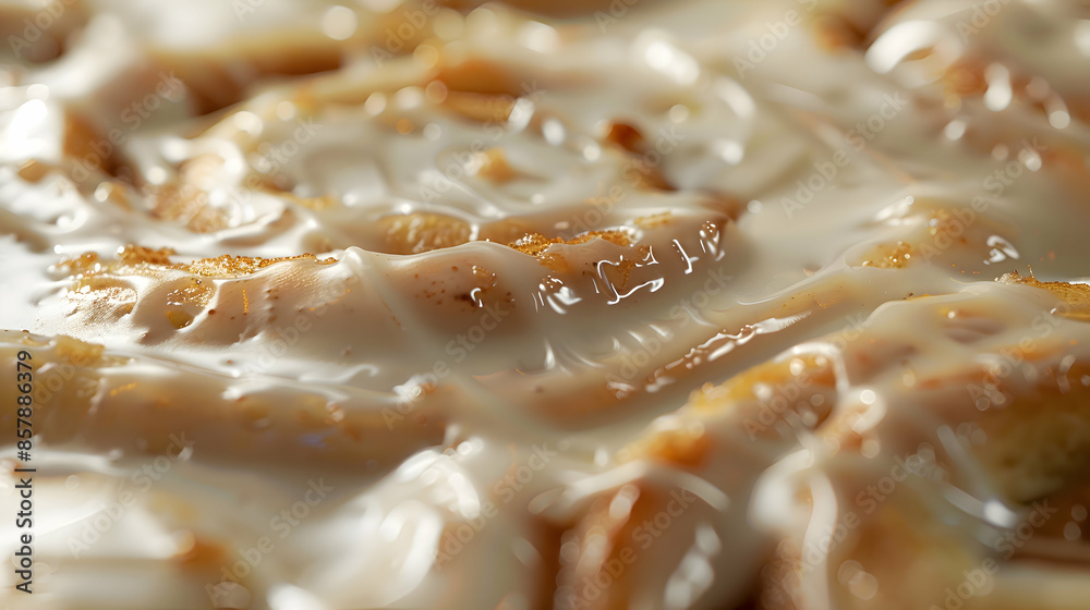 A close-up shot of a gourmet fast food vegan cinnamon roll, highlighting the texture and icing