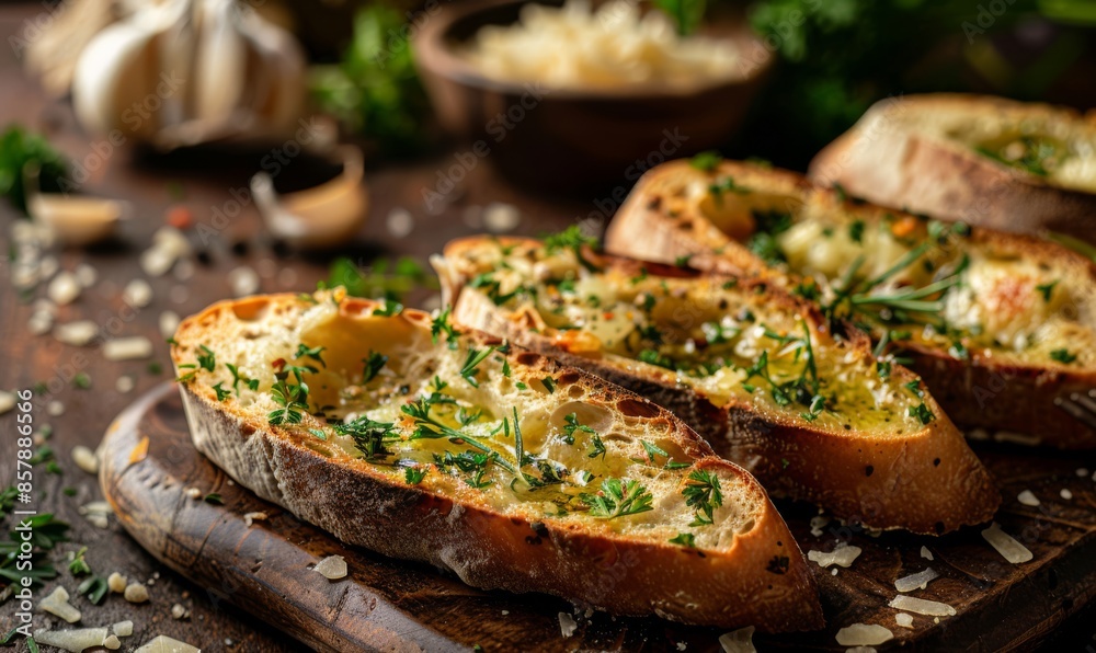 Garlic bread slices on rustic background Garlic bread slices on rustic background