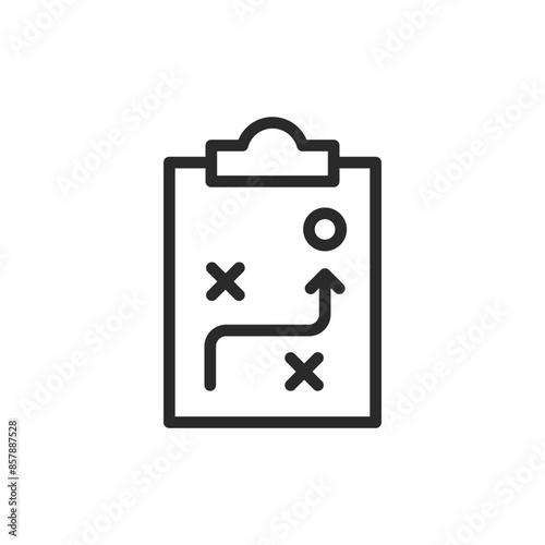 Planning and strategy, linear style icon. Clipboard with arrow bypassing crosses (bad decisions) and reaching goal. Editable stroke width