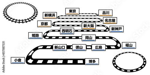 路線図のアイデア素材。日本の新幹線の停車駅。立体的なデザイン。