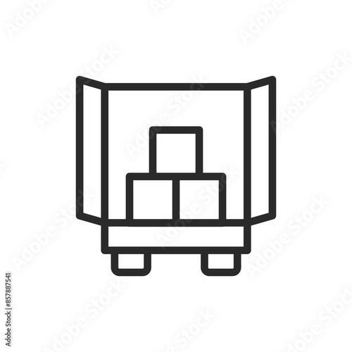 Truck with open bed, boxes inside, rear view, linear style icon. Cargo and delivery. Editable stroke width