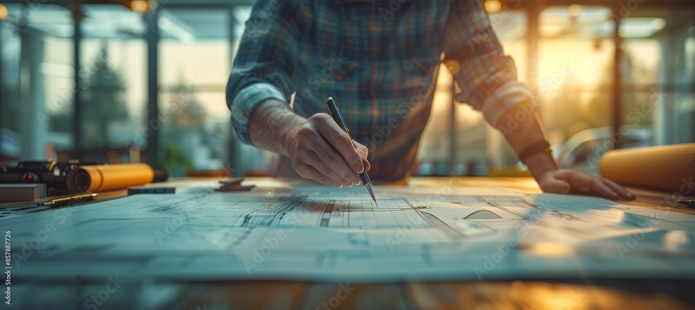 Obraz premium Concept Architect and Engineer Discussing Blueprint in Office with Vintage Sunset Light