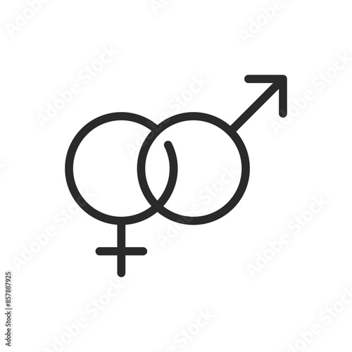 Interconnected male and female symbols, linear style icon. Gender diversity and relationships. Editable stroke width