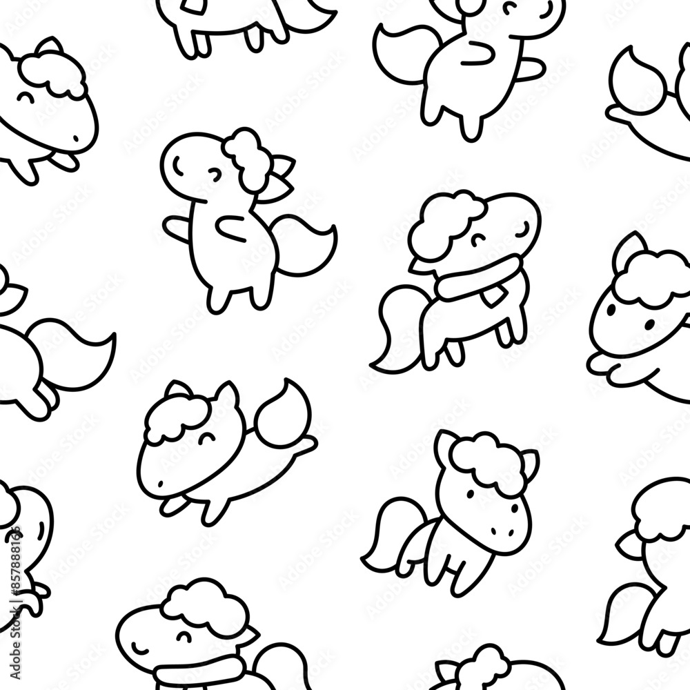Cute kawaii pony. Seamless pattern. Coloring Page. Cartoon funny baby horse characters. Hand drawn style. Vector drawing. Design ornaments. Cute kawaii pony. Seamless pattern. Coloring Page. Cartoon funny baby horse characters. Hand drawn style. Vector drawing. Design ornaments.
