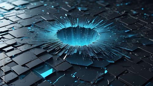 Broken screen. Distressed overlay. Blue glitch noise dust scratches damaged cracked display glass texture dark illustration abstract background.