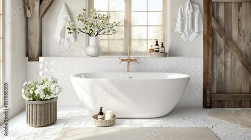 A modern bathroom features a white freestanding tub, wood trim, and a window