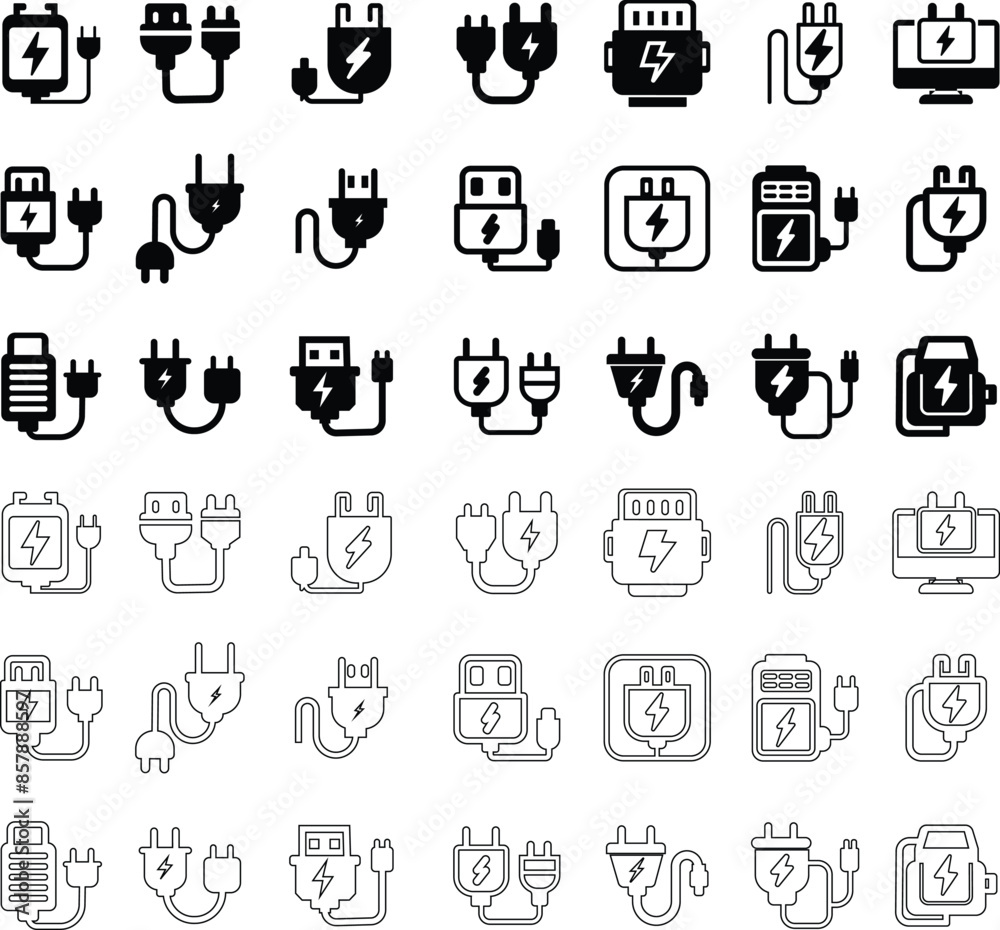set of various charges icons flat and line collection isolated on transparent background. charging vector format for various devices smartphone laptop tablet and smartwatch AC sockets with power plugs set of various charges icons flat and line collection isolated on transparent background. charging vector format for various devices smartphone laptop tablet and smartwatch AC sockets with power plugs