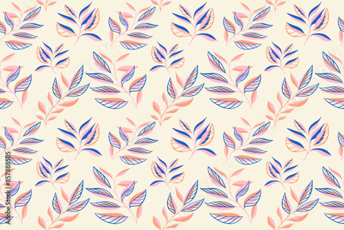 Colorful summer simple tropical plants pattern on a light background. Creative abstract shape branches leaves seamless print. Vector hand drawing sketch. Design for fashion, fabric and textiles, cover