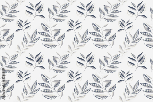 Pastel grey pattern with tropical floral stems. Creative abstract shape branches leaves seamless print on a light background. Vector hand drawing sketch. Design for fashion, fabric and textiles, cover