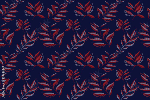Unique abstract tropical botanical pattern on a dark background. Creative simple shape branches leaves seamless print. Vector hand drawing sketch. Design for fashion, fabric and textiles, cover