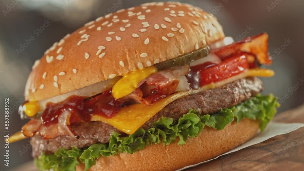Delicious Hamburger with Cheese, Camera Moving Around. Fresh Junk Food with Beautiful Bokeh Kitchen Background. Cheeseburger Ready to Eat.