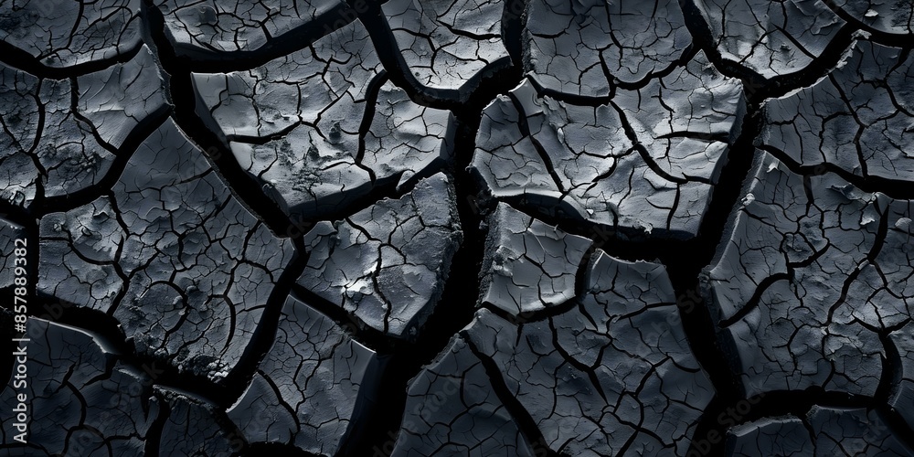 Cracked black soil in the center of the image depicts a parched landscape. Concept Dry, arid landscape, Cracked earth, Desert scenery Cracked black soil in the center of the image depicts a parched landscape. Concept Dry, arid landscape, Cracked earth, Desert scenery