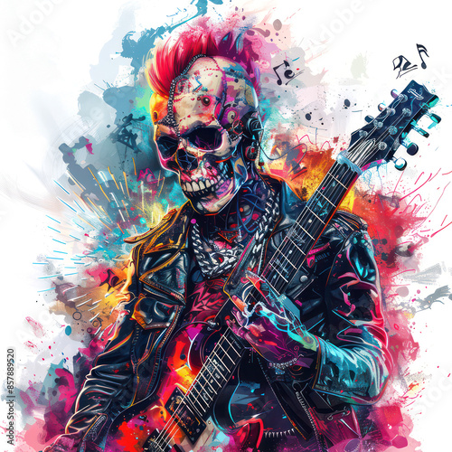 Vibrant Skull Guitarist Rocking Out, Skull Punk Rock Fantasy Art, For T-Shirt Design