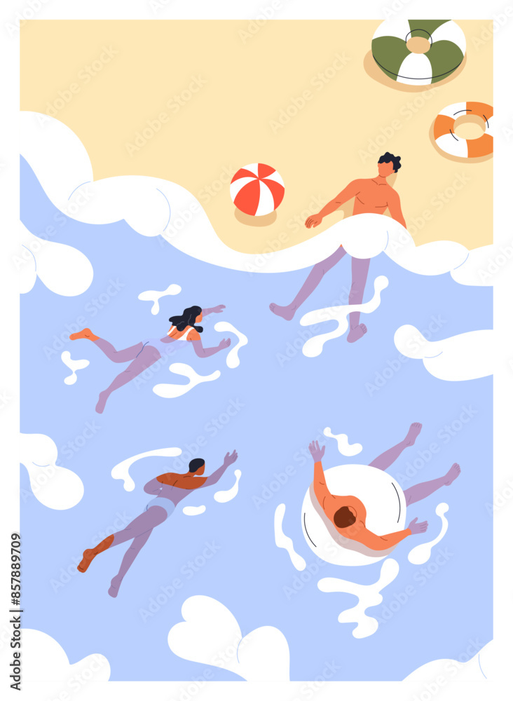 Sea resort poster. People swimming, bathing at summer beach, vacation card design. Chilling, enjoying holiday recreation, relaxation on sand and water waves at seaside. Flat vector illustration
