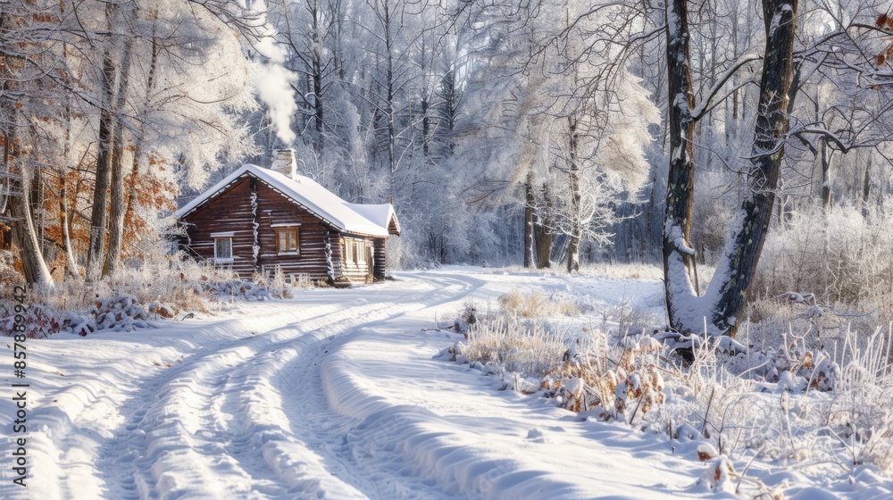 Fototapeta premium A winding path through a snow-covered forest, leading towards a quaint cabin with smoke rising from the chimney