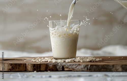 Milk Pouring Into A Glass With Splash on Wooden Cutting Board