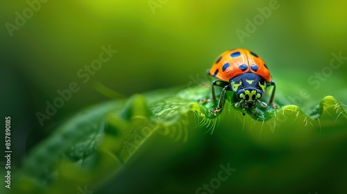 Colourful baby bugs Chrysocoris stollii on greens leaves from macro photography with blurry backgrounds photo