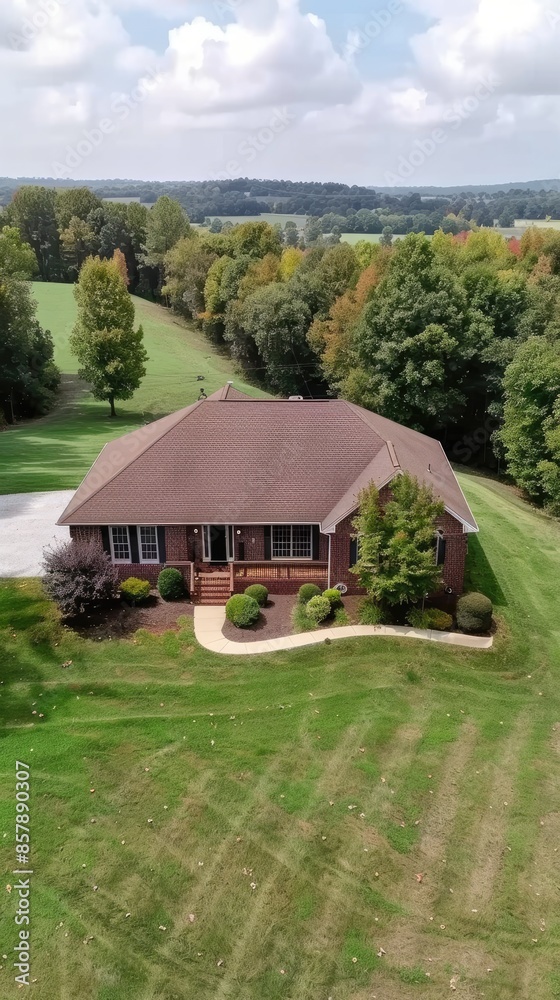 An overhead view of a two-story brick house with a black roof and a brick driveway. The house is surrounded by trees with fall foliage An overhead view of a two-story brick house with a black roof and a brick driveway. The house is surrounded by trees with fall foliage