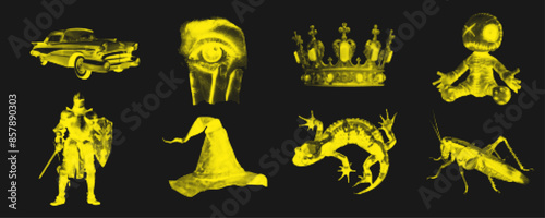 Futuristic retro halftone object set, surrealism contemporary vector sticker design