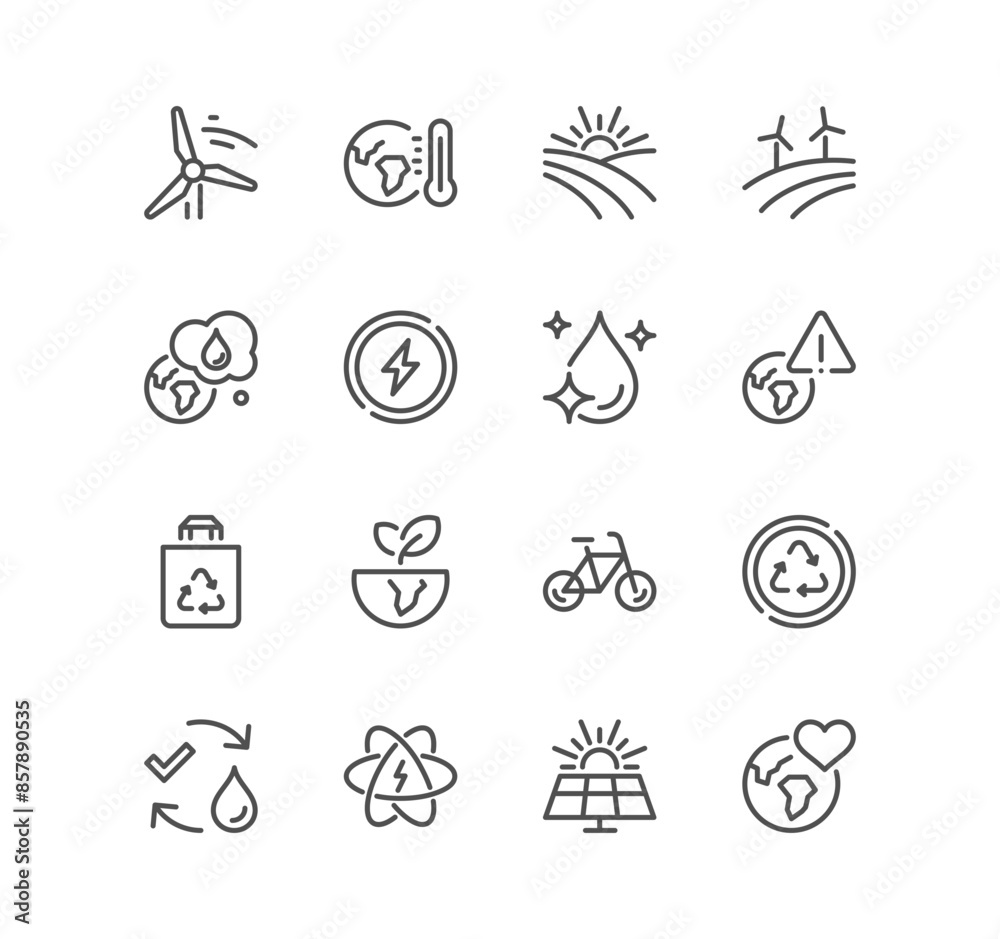 Set of eco related icons, global warming, wind turbine, recycling, sustainability, energy saving, climate change, air pollution and linear variety vectors.
Set of eco related icons, global warming, wind turbine, recycling, sustainability, energy saving, climate change, air pollution and linear variety vectors.