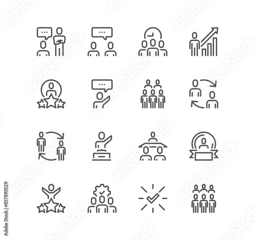 Set of business people related icons, workplace, business communication, team structure, goal, management, achieve and linear variety vectors.
