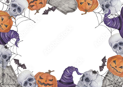 Spooky horizontal watercolor Halloween frame with space for text