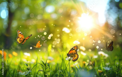 Fototapeta Naklejka Na Ścianę i Meble -  Sunny meadow with butterflies selective focus, wildlife, whimsical, blend mode, park backdrop