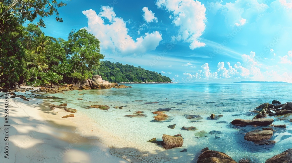 Obraz premium Panoramic landscape of a serene tropical beach, nature background