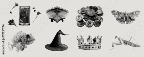 Futuristic retro halftone object set, surrealism contemporary vector sticker design