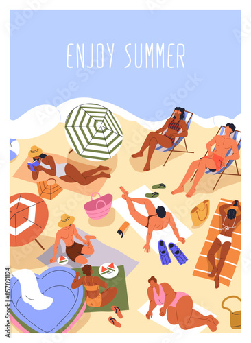 Summer beach poster. Sea resort, vacation card design. Tiny people sunbathing, seaside holiday chill, vertical background with characters relaxing, resting on sand coast. Flat vector illustration