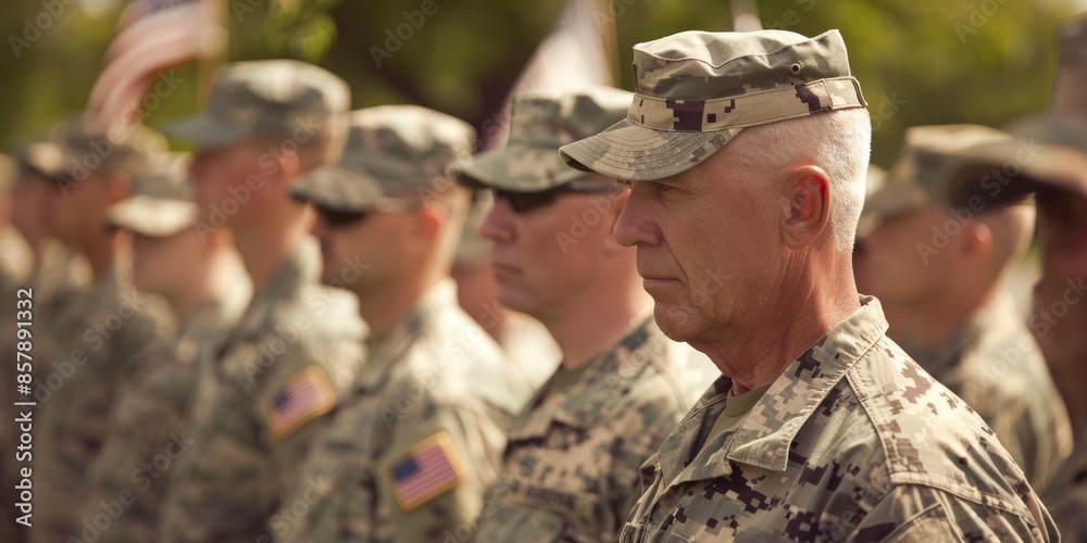 A group of men in military uniforms are lined up