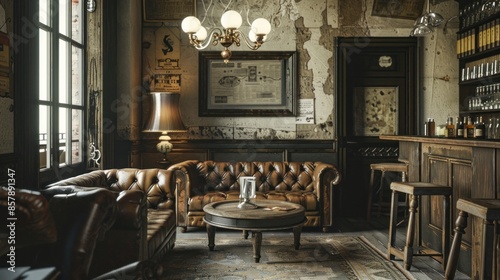 Fototapeta Naklejka Na Ścianę i Meble -  Old vintage living room interior with sofa. 3d rendering, wood table