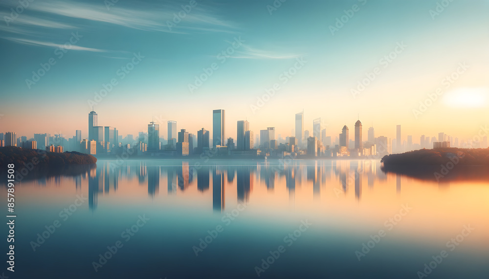Serene Cityscape Reflection in Still Lake at Sunrise Serene Cityscape Reflection in Still Lake at Sunrise