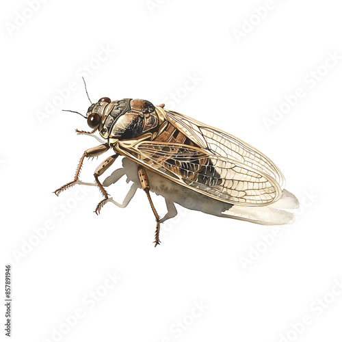 Watercolor illustration of cicada on white background