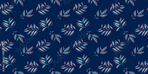 Tiny abstract shape branches leaves scattered randomly on a seamless pattern. Creative tropical botanical print on a dark turquoise background. Vector hand drawing sketch. Design for fashion, fabric