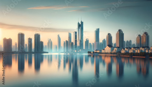 Futuristic Skyline Overlooking Pristine Waters at Twilight