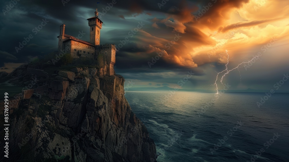 An abandoned castle perched on a cliff overlooking a stormy ocean, with lightning illuminating the dark clouds An abandoned castle perched on a cliff overlooking a stormy ocean, with lightning illuminating the dark clouds