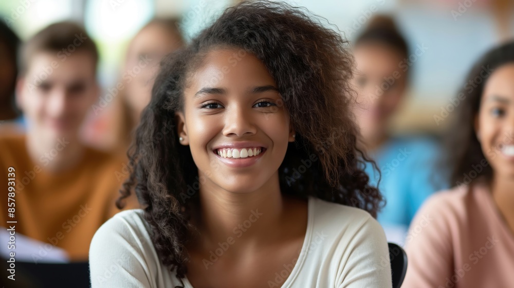 Obraz premium Smiling student in a classroom setting, highlighting a positive and engaging learning environment for education and youth marketing.