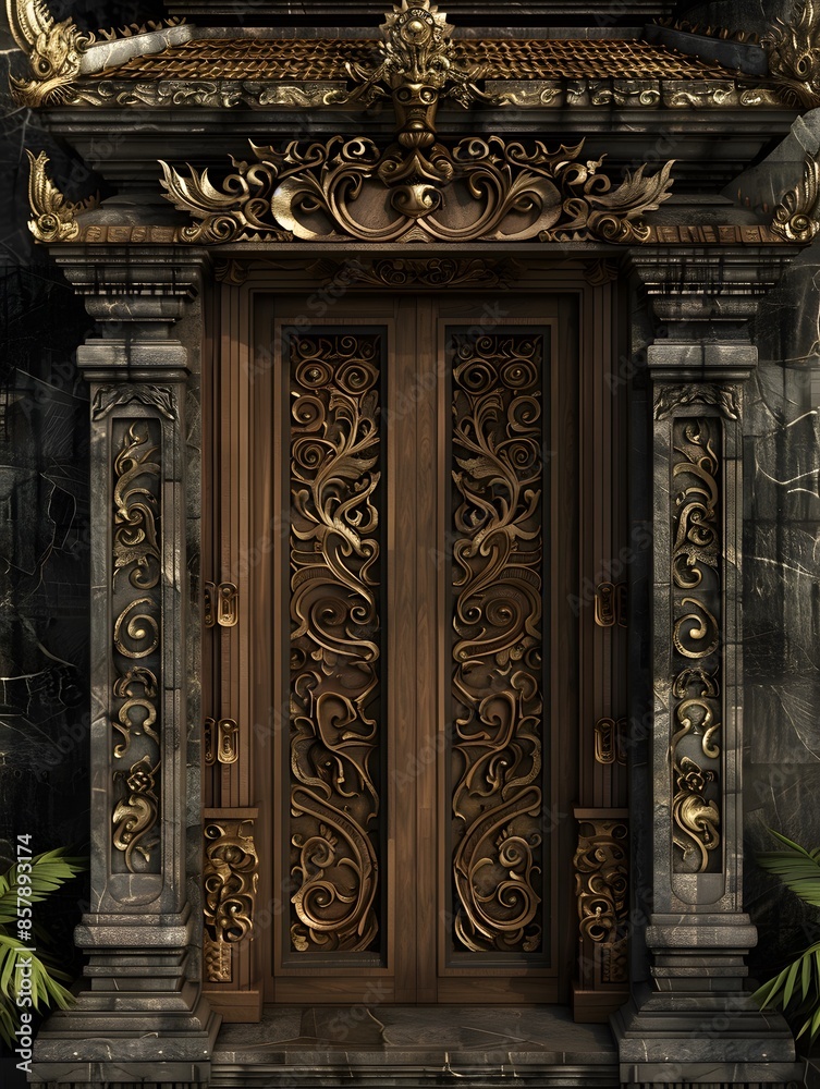 Beautifully carved Javanese wooden doors framed by stone, featuring traditional and intricate designs. Beautifully carved Javanese wooden doors framed by stone, featuring traditional and intricate designs.