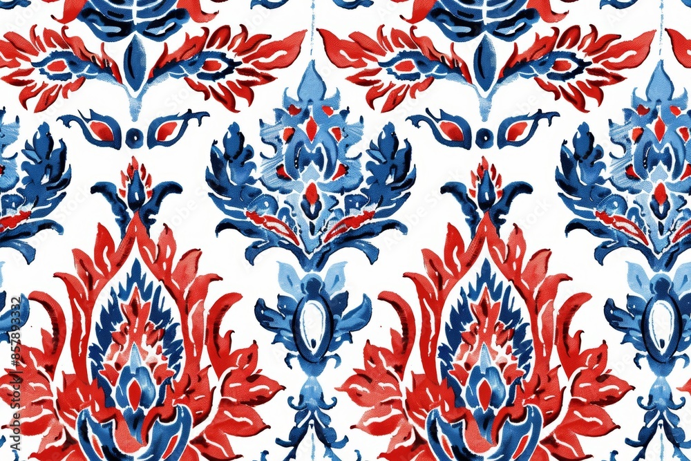 Ikat floral seamless pattern on white background, perfect for fabric, wallpaper, and packaging design Ikat floral seamless pattern on white background, perfect for fabric, wallpaper, and packaging design