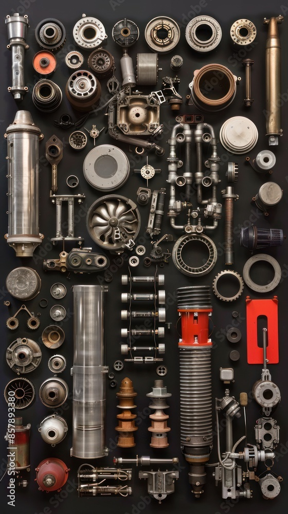A Mechanic's Work in Progress. A detailed array of jet engine parts Disassembled on the Table A Mechanic's Work in Progress. A detailed array of jet engine parts Disassembled on the Table