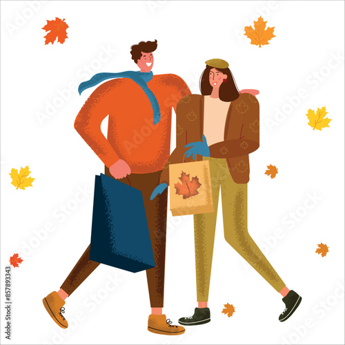 Girl with a guy with packages. They walk, walk from the store, in the fall. Leaves are falling