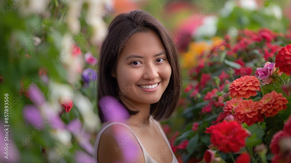 A woman smiling amidst a vibrant and colorful flower garden, showcasing natural beauty and a serene outdoor setting perfect for lifestyle and nature photography. A woman smiling amidst a vibrant and colorful flower garden, showcasing natural beauty and a serene outdoor setting perfect for lifestyle and nature photography.