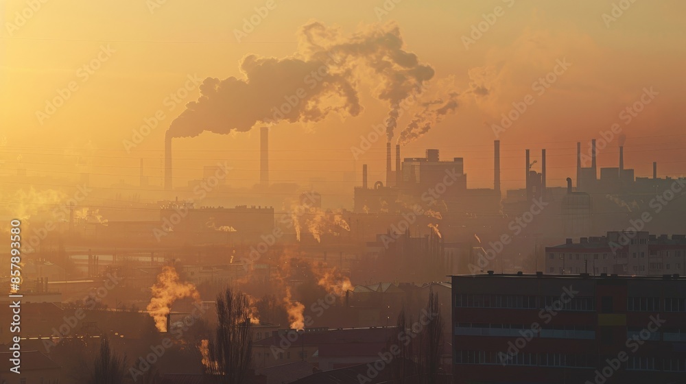 Fototapeta premium Smog from an industrial park seen spreading over nearby residential areas in the early morning