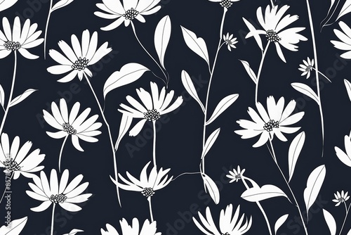 Minimalist seamless pattern featuring elegant monochrome flowers on a two-color background © Thi