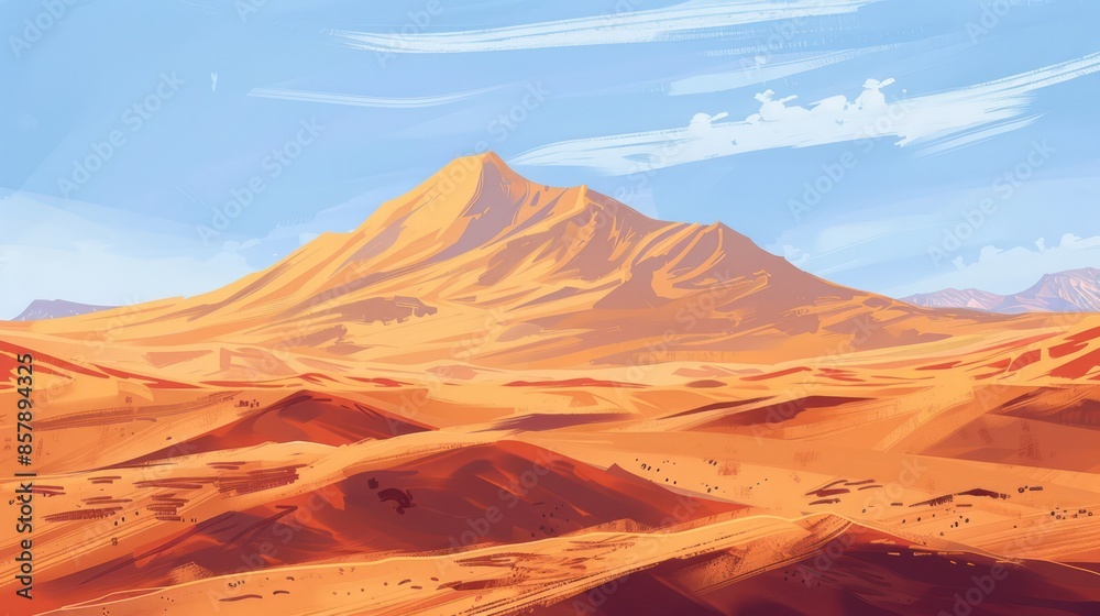 Fototapeta premium Smooth sand dune undulations contrasts with the jagged mountains beyond