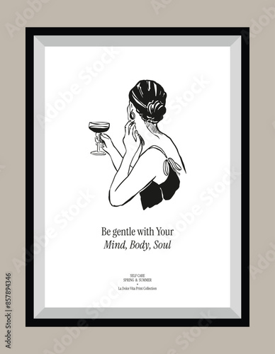 Minimal hand drawn vector dolce vita illustration with aesthetic quote in a poster frame. Matisse style illustrations. 