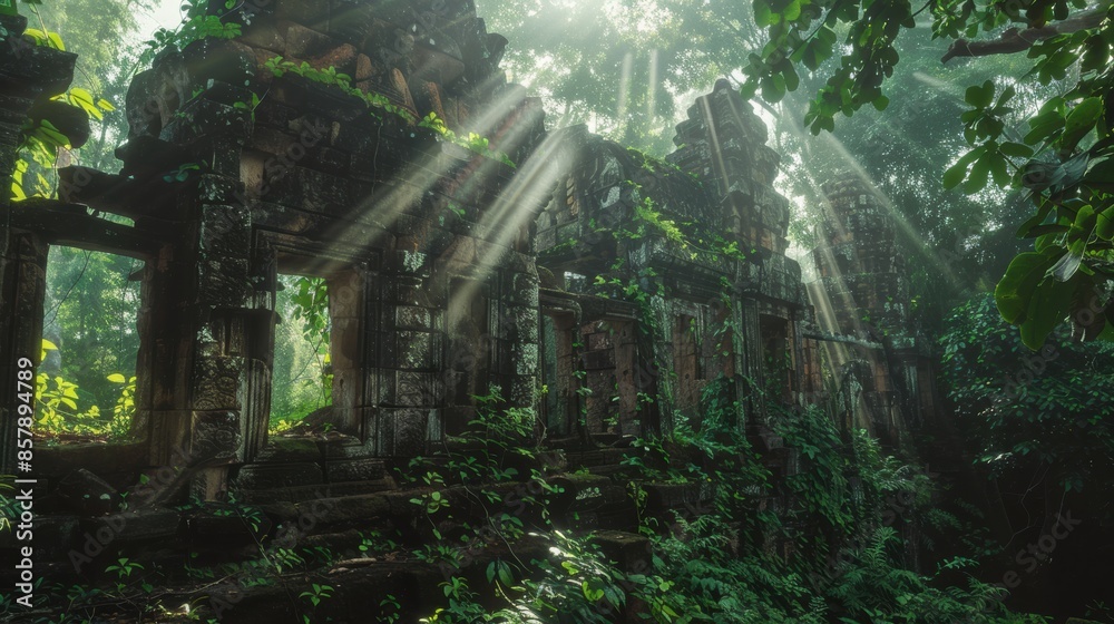 Obraz premium Ancient ruins overgrown by jungle, with sunlight filtering through the leaves