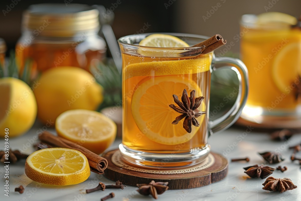 A hot toddy cocktail in a clear glass mug, with whiskey, honey, lemon, and a cinnamon stick. A hot toddy cocktail in a clear glass mug, with whiskey, honey, lemon, and a cinnamon stick.